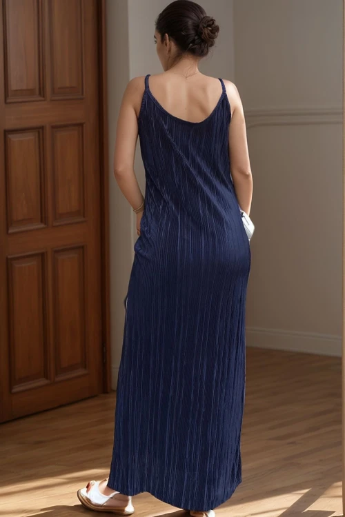 Lacivert Askılı Yanı Yırtmaçlı Pliseli Uzun Elbise BCBSK-25700-3609