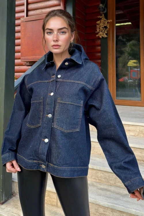 Lacivert Balon Kol Cepli Oversıze Denım Ceket BCBSK-25700-KT002