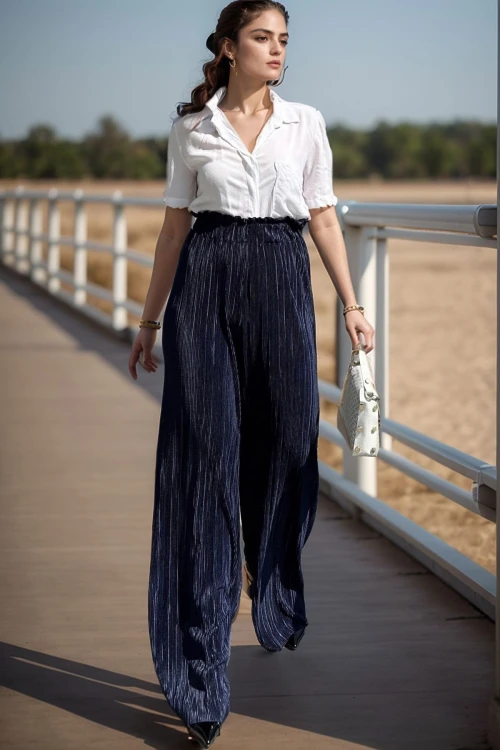 Lacivert Kendinden Dokulu Beli Lastikli Bol Paça Salaş Pantolon BCBSK-25700-3578