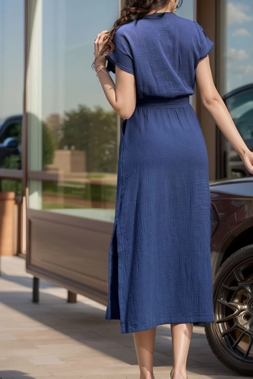 Lacivert Müslin Kruvaze Kendinden Kemerli Yanı Yırtmaçlı Elbise BCBSK-25700-3612