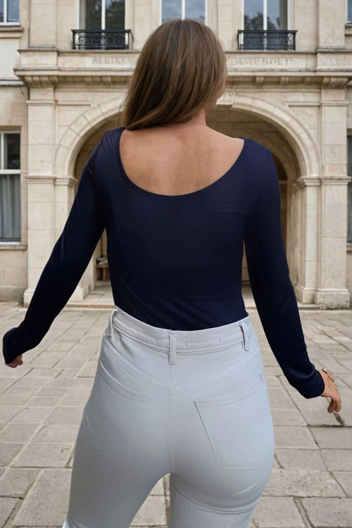 Lacivert U Yaka Yumuşak Dokulu Basic Bluz BCBSK-25700-3580