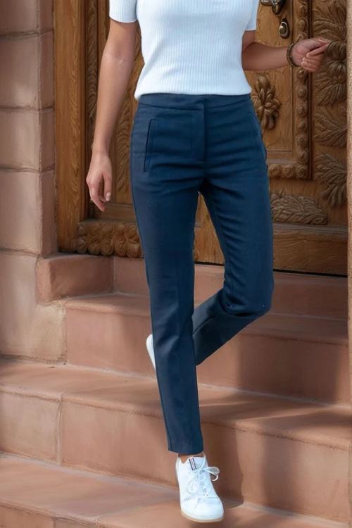 Lacivert Yüksek Bel Bant Şeritli Kalem Pantolon BCBSK-25700-3186