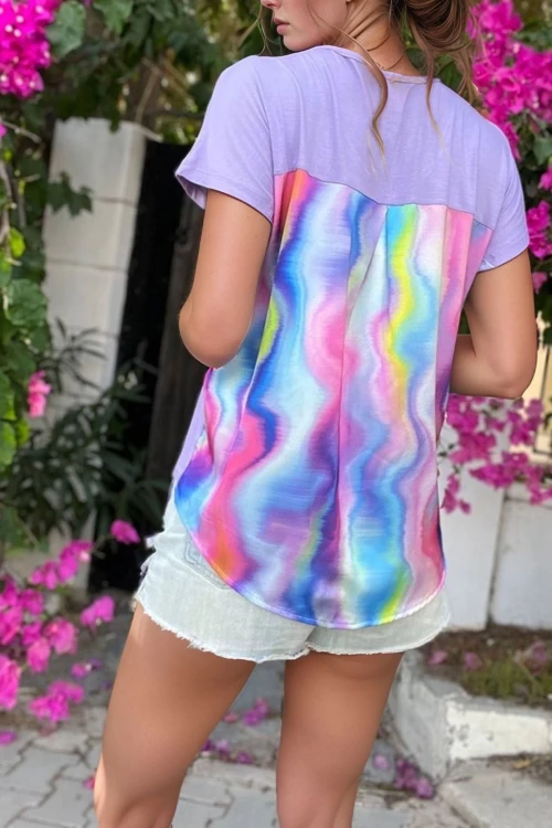 Lila Renkli Garnili Tek Cep V Yaka Salaş Tshirt BCBSK-25700-3426