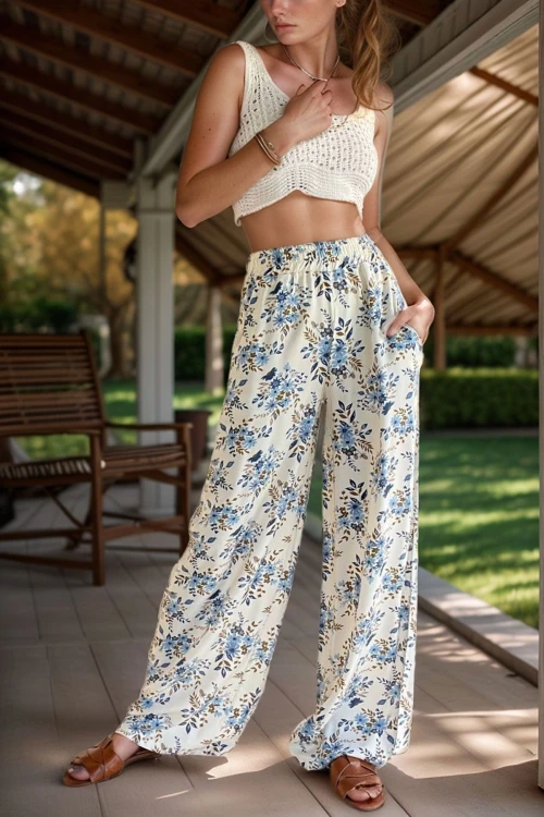 Mavi Beli Lastikli Cepli Desenli Bol Kesim Pantolon BCBSK-25700-3644