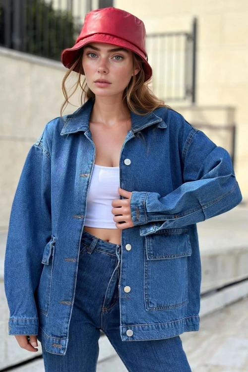 Mavi Cepli Oversıze Crop Denım Ceket BCBSK-25700-KT001