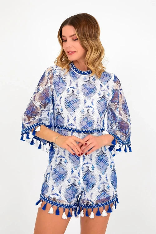 Mavi Dik Yaka Sırt Dekolteli İçi Astarlı Püskül Detaylı Tül Tulum BCVL-251000TLM