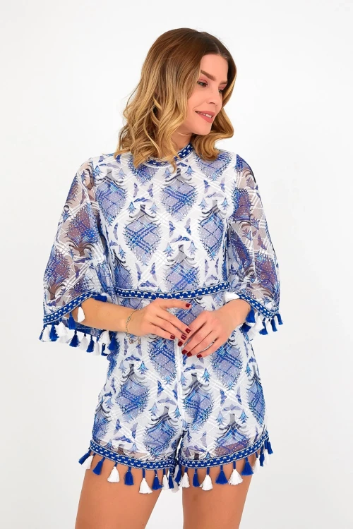 Mavi Dik Yaka Sırt Dekolteli İçi Astarlı Püskül Detaylı Tül Tulum BCVL-251000TLM