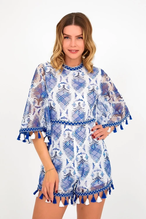 Mavi Dik Yaka Sırt Dekolteli İçi Astarlı Püskül Detaylı Tül Tulum BCVL-251000TLM