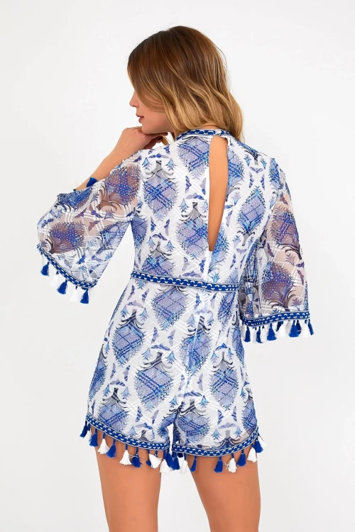 Mavi Dik Yaka Sırt Dekolteli İçi Astarlı Püskül Detaylı Tül Tulum BCVL-251000TLM