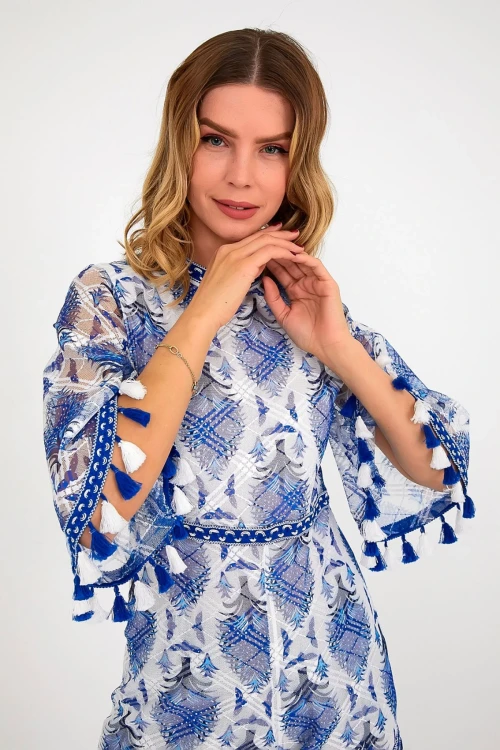 Mavi Dik Yaka Sırt Dekolteli İçi Astarlı Püskül Detaylı Tül Tulum BCVL-251000TLM