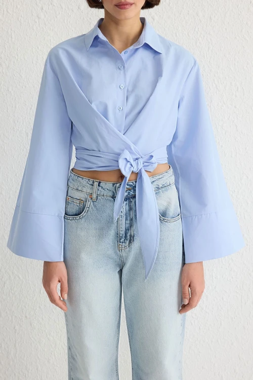 Mavi Geniş Manşetli Kol Detaylı Önü Bağlamalı Poplin Gömlek BCDF-2510000