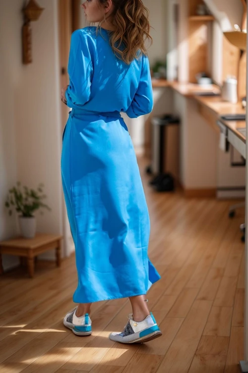 Mavi Kendinden Kuşaklı Uzun Gömlek Elbise BCBSK-25700-T4011-1490