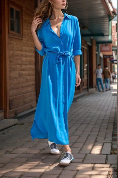 Mavi Kendinden Kuşaklı Uzun Gömlek Elbise BCBSK-25700-T4011-1490