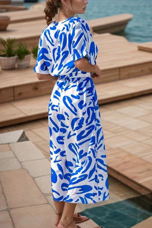 Mavi Saten V Yaka Beli Büzgülü Kemerli Salaş Elbise BCBSK-25700-3246