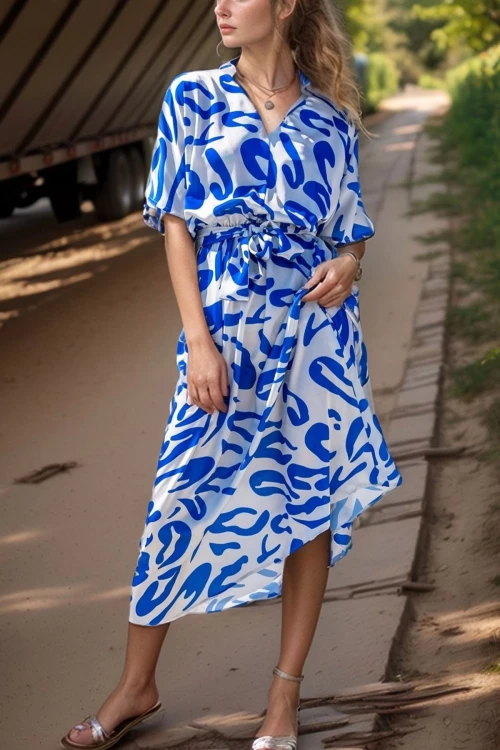 Mavi Saten V Yaka Beli Büzgülü Kemerli Salaş Elbise BCBSK-25700-3246