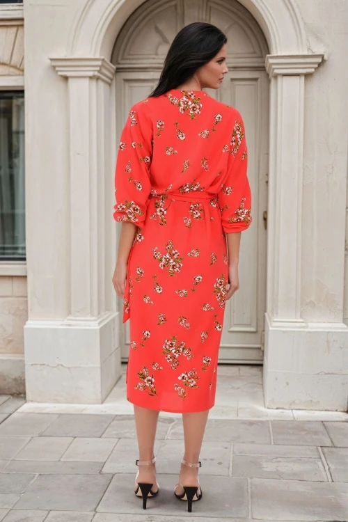 Mercan Desenli Kuşaklı Kloş Kruvaze Elbise BCBSK-25700-t4011-1140