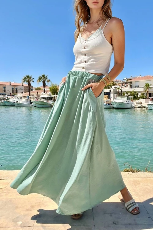 Mint Cebi Hasır Detaylı Beli Lastikli Salaş Etek BCBSK-25700-3389