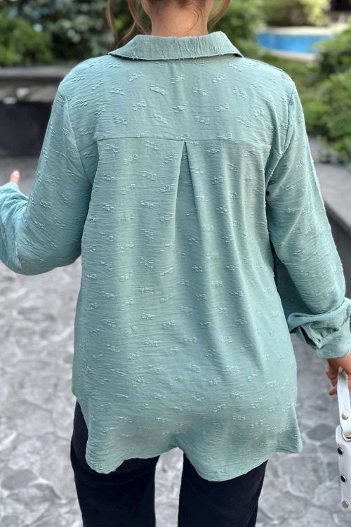 Mint Kendinden Desenli Oversize Uzun Kollu Gömlek BCBSK-25700-3554