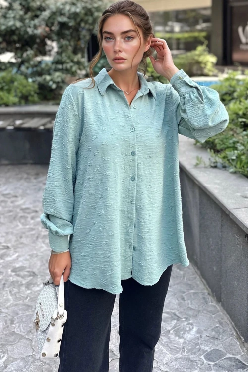 Mint Kendinden Desenli Oversize Uzun Kollu Gömlek BCBSK-25700-3554