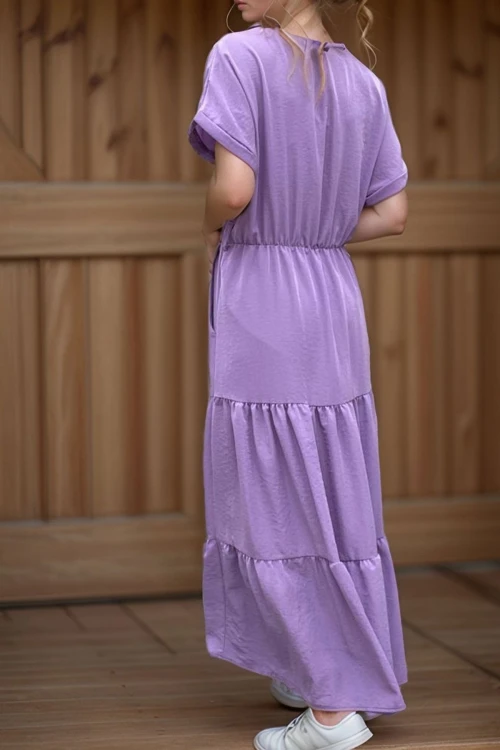 Mor Yarım Patlı Eteği Piliseli Kendinden Kemerli Salaş Elbise BCBSK-25700-3336