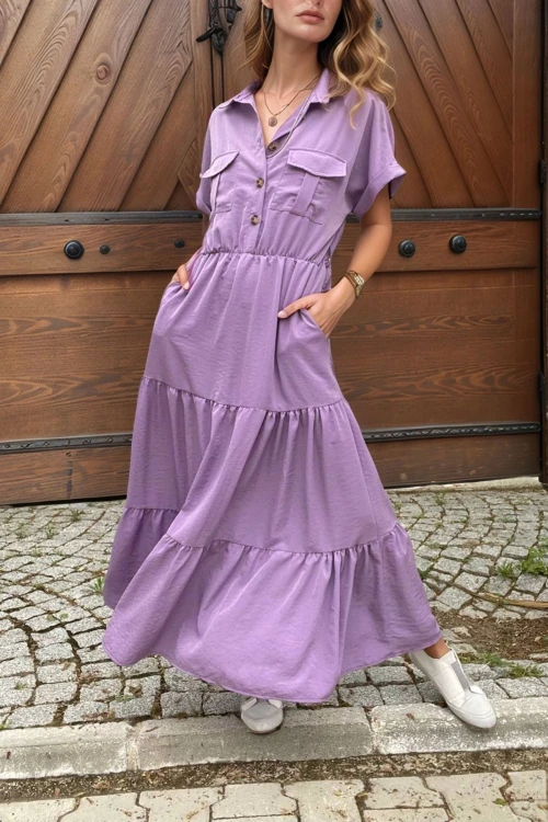 Mor Yarım Patlı Eteği Piliseli Kendinden Kemerli Salaş Elbise BCBSK-25700-3336