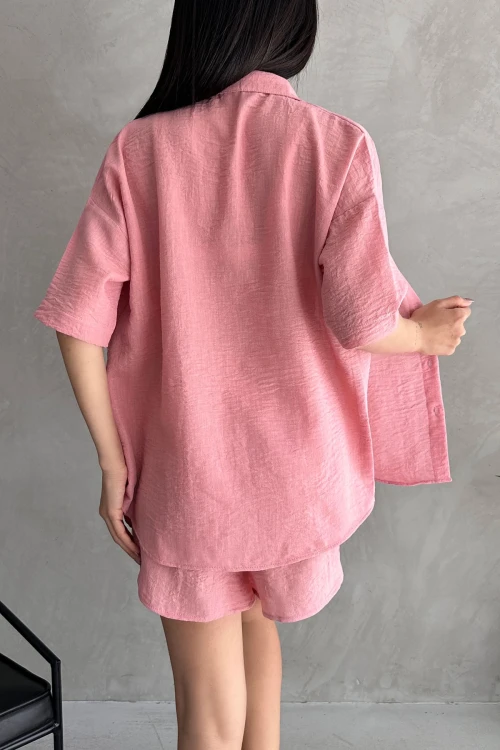 Pembe Aerobin Keten Kısa Kol Gömlek Ve Şort Alt Üst Takım BCDF-253608