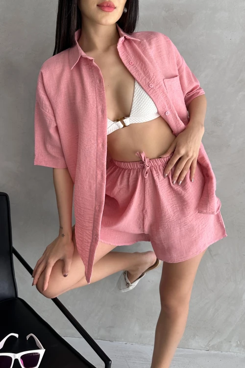 Pembe Aerobin Keten Kısa Kol Gömlek Ve Şort Alt Üst Takım BCDF-253608