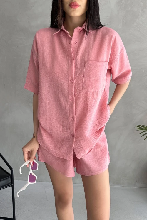Pembe Aerobin Keten Kısa Kol Gömlek Ve Şort Alt Üst Takım BCDF-253608