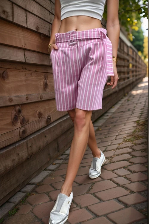 Pembe Kendinden Kemerli Cepli Piliseli Gabardin Şort BCBSK-25700-3562