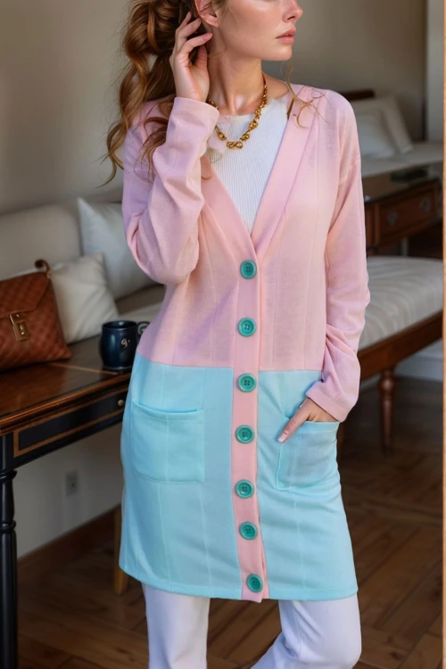 Pudra Çift Cep Color Block Hırka BCBSK-25700-3009