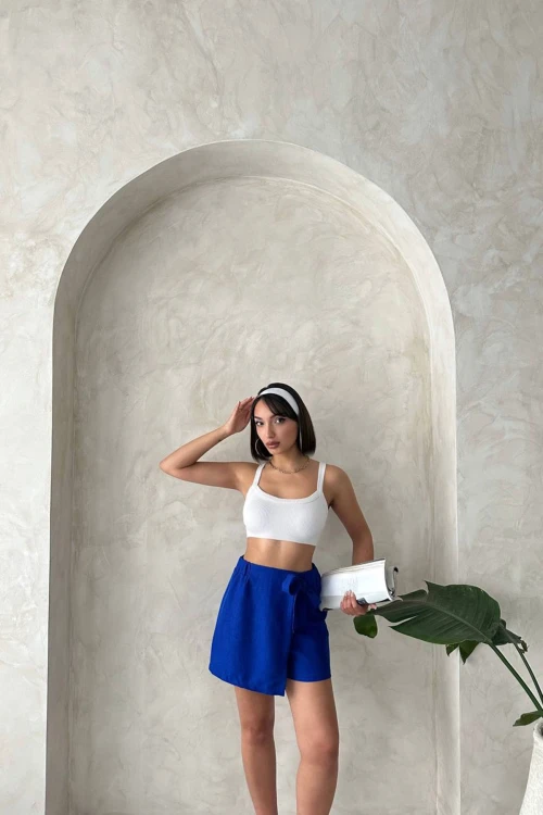 Saks Fiyonklu Önü Parçalı Dokuma Şort Etek BCHN-25255021