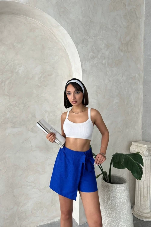 Saks Fiyonklu Önü Parçalı Dokuma Şort Etek BCHN-25255021