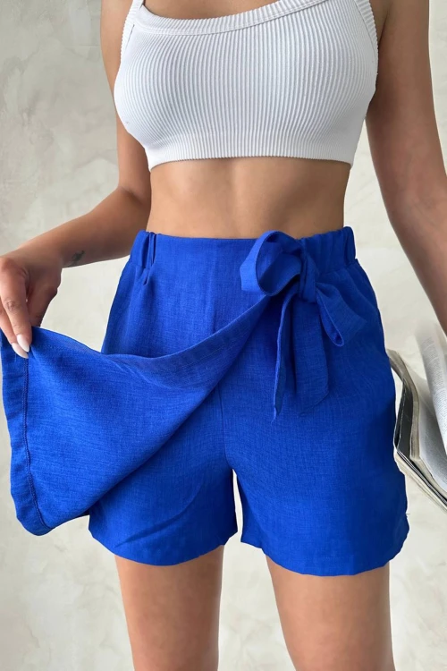 Saks Fiyonklu Önü Parçalı Dokuma Şort Etek BCHN-25255021