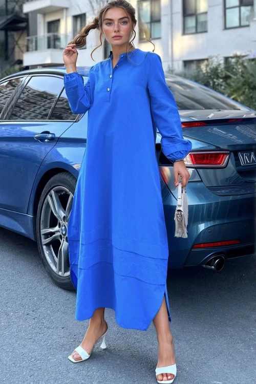 Saks Oversize Kolu Lastikli Uzun Elbise BCBSK-25700-3517