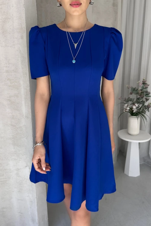 Saks Prenses Kol Eteği Volanlı Atlas Kumaş Kloş Elbise BCDF-252199