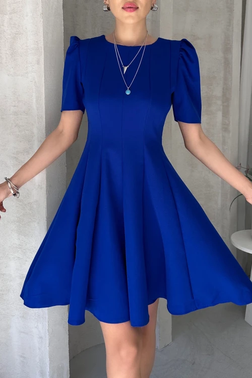 Saks Prenses Kol Eteği Volanlı Atlas Kumaş Kloş Elbise BCDF-252199