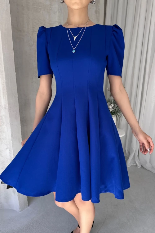 Saks Prenses Kol Eteği Volanlı Atlas Kumaş Kloş Elbise BCDF-252199