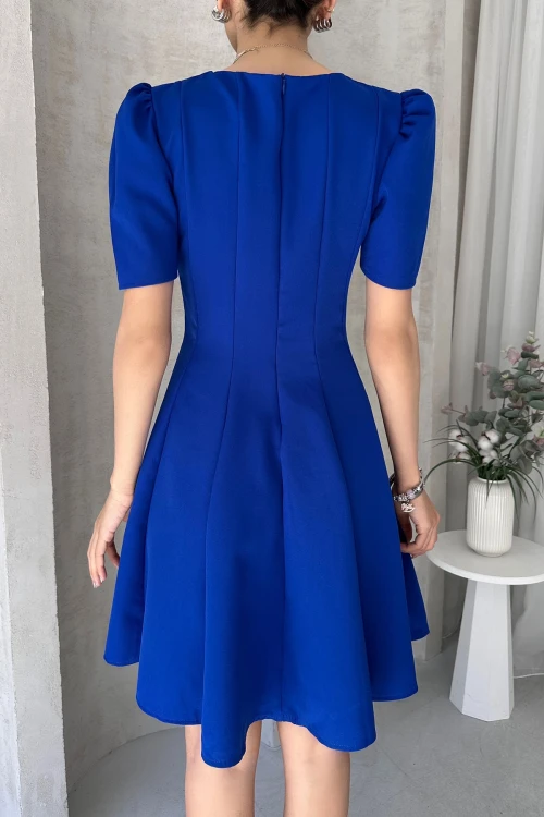 Saks Prenses Kol Eteği Volanlı Atlas Kumaş Kloş Elbise BCDF-252199