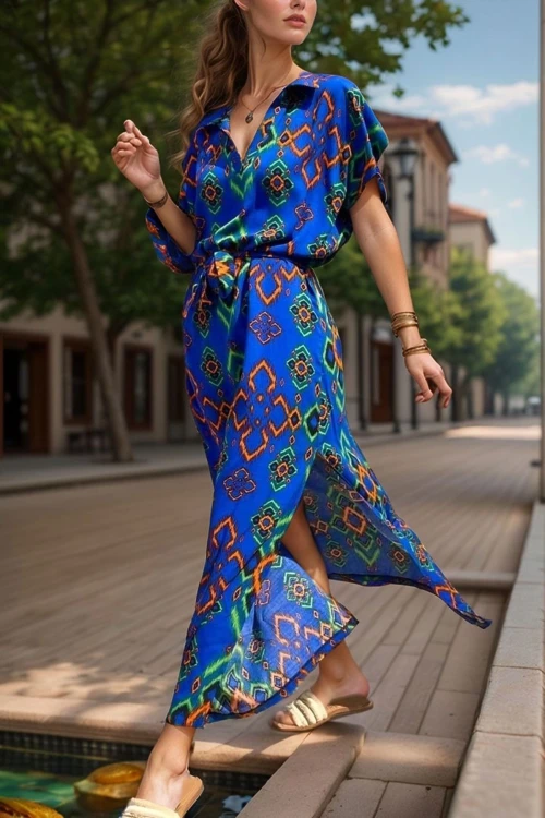 Saks V Yaka Yarım Kol Yırtmaçlı Maxi Desenli Elbise BCBSK-25700-3649