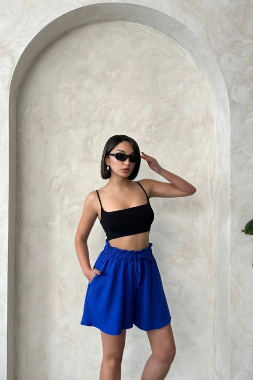 Saks Volanlı Rahat Kalıp Beli Lastikli Keten Şort BCHN-25255058