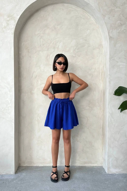 Saks Volanlı Rahat Kalıp Beli Lastikli Keten Şort BCHN-25255058