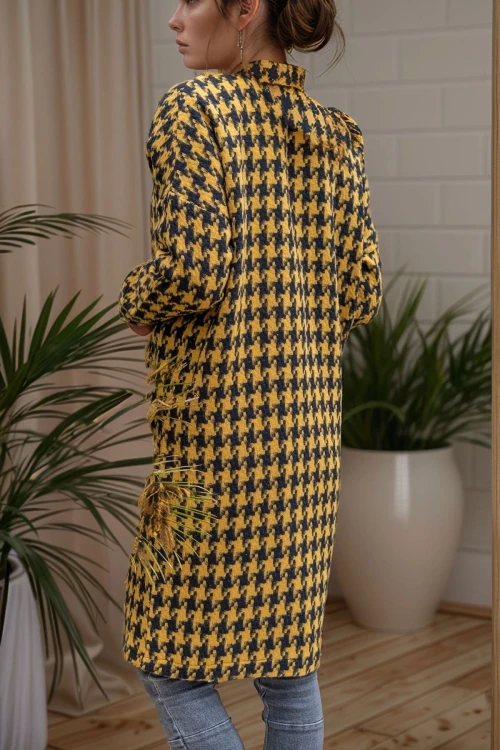 Sarı Astarlı Kazayağı Desenli Cepli Oversize Düğmeli Kaban BCBSK-25700-3299