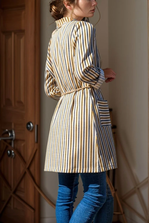 Sarı Çizgili Uzun Boyfriend Ceket BCBSK-25700-3272