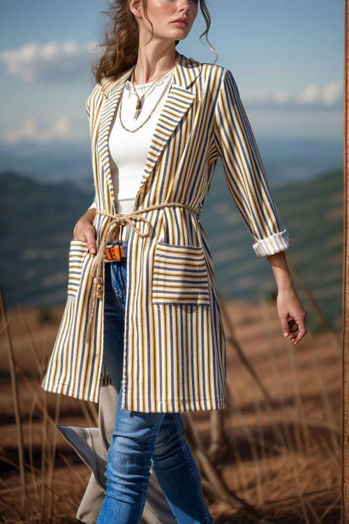 Sarı Çizgili Uzun Boyfriend Ceket BCBSK-25700-3272