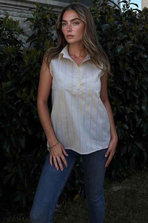 Sarı Kendinden Dokulu Yarım Patlı Kolsuz Bluz BCBSK-25700-3422