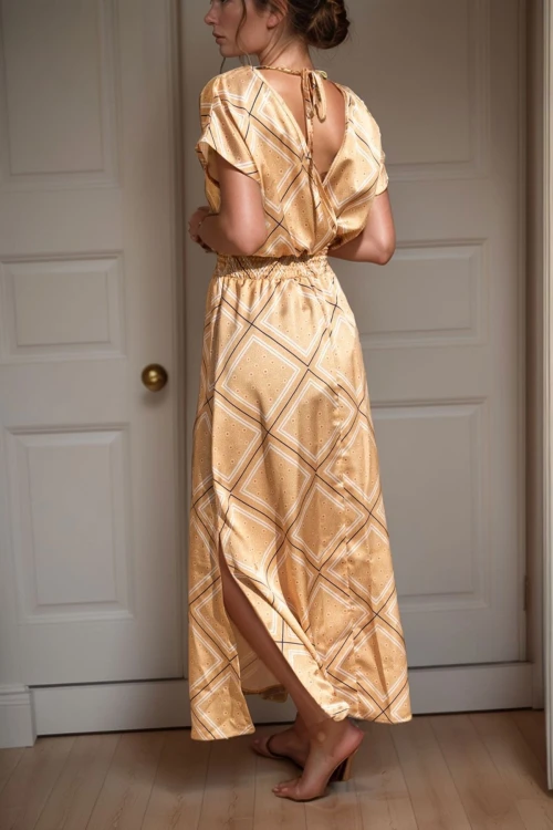 Sarı Kruvaze Kiloş Yırtmaçlı Uzun Saten Elbise BCBSK-25700-3239