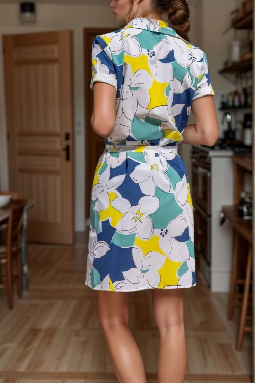 Sarı Lacivert Yarım Patlı Desenli Kendinden Kemerli Poplin Elbise BCBSK-25700-3226