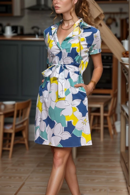 Sarı Lacivert Yarım Patlı Desenli Kendinden Kemerli Poplin Elbise BCBSK-25700-3226