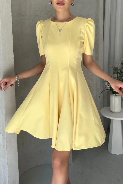 Sarı Prenses Kol Eteği Volanlı Atlas Kumaş Kloş Elbise BCDF-252199