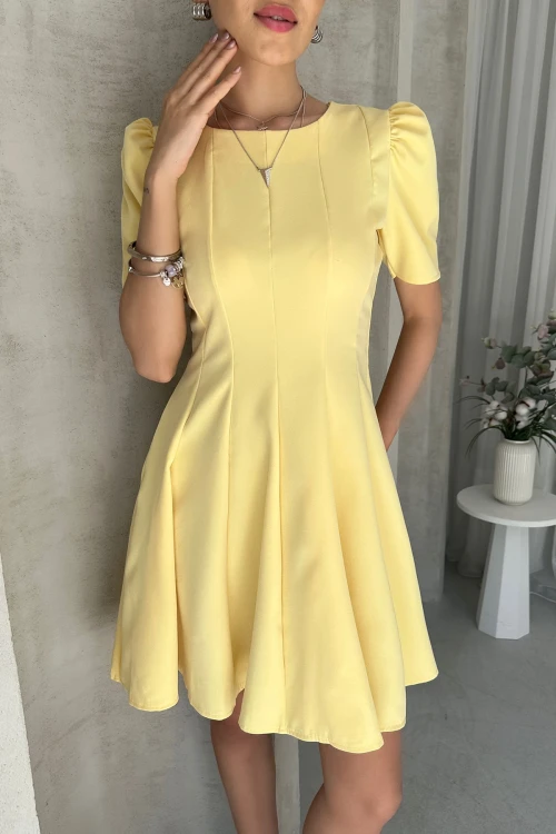 Sarı Prenses Kol Eteği Volanlı Atlas Kumaş Kloş Elbise BCDF-252199